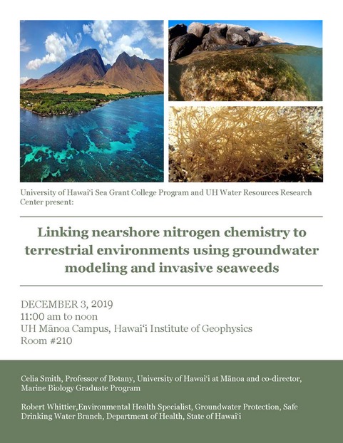 Poster for Linking nearshore nitrogen chemistry to terrestrial environments using groundwater modeling and invasive seaweeds. Decmeber 3, 2019, 11-noon in HIG 210