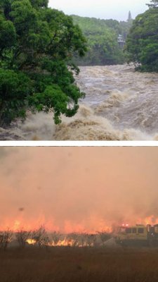 River flooding and uncontrolled shrub fire